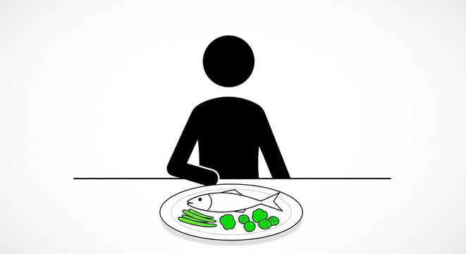 Minimalist illustration: Person eating healthy meal of fish and green vegetables. Stick figure icon for nutrition, diet, and healthy lifestyle.