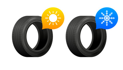 Car wheels with winter and summer tires. Tires for different seasons. Winter tires with snowflake and summer witn sun. Vector illustration.