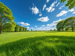 Green field under a blue sky with fluffy clouds and trees