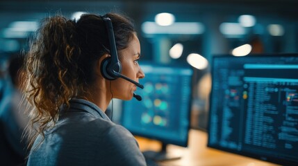 Medium shot of a call center agent monitoring and adjusting a customizable IVR system to improve automated communication workflows.
