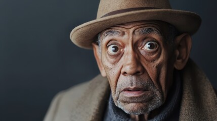 Elderly man with shocked expression, wide-eyed, wearing a brown fedora and dark coat. Close-up portrait, well-defined facial features, short gray beard, neutral background
