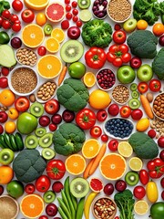 Overhead view of diverse, colorful fruits, vegetables, and seeds spread across white