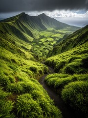 Lush green valley and mountains with a path leading through. Dramatic sky overhead