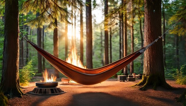 cozy hammock campsite nestled between towering trees in a lush forest with a warm fire pit nearby offering a serene and peaceful outdoor retreat for relaxation and adventure