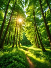 Naklejka premium Lush green forest with sunburst through trees. Path leads to the light