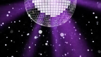 Pristine, rotating disco ball emits vibrant electric purple and neon blue light rays, sweeping a dark void as shimmering dust and glitter cascade in deep focus, retro-futuristic elegance - Powered by Adobe