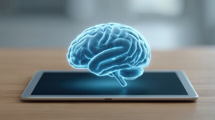 Futuristic holographic brain illustration displayed on a digital tablet, symbolizing advanced technology, neuroscience, and artificial intelligence concepts