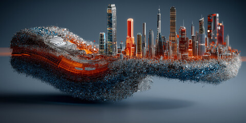 Futuristic cityscape floats mid air, showcasing advanced architecture with glowing lights and sleek skyscrapers. scene is set cyberpunk style, with vibrant colors and sense of technological