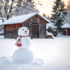 Snowman in a wintery landscape with a wooden shed