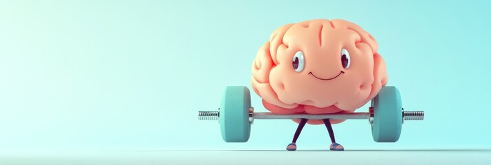 Cartoon brain character lifting a barbell with weights, showcasing strength and fitness, against a soft gradient background, representing mental and physical wellness in a playful manner