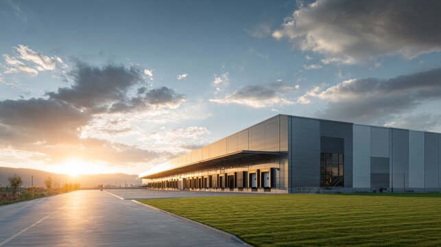 Modern industrial warehouse exterior with loading docks and sunset light