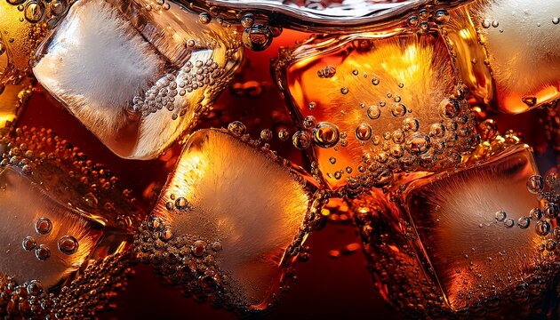soda with ice close up of the ice cubes in cola water texture of carbonate drink with bubbles in glass cola soda and ice splashing fizzing or floating up to top of surface cold drink background