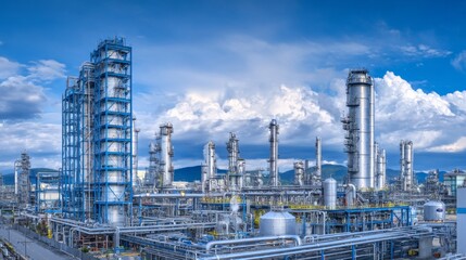 Fototapeta premium Petrochemical refinery with metal distillation towers and industrial pipelines under bright blue sky