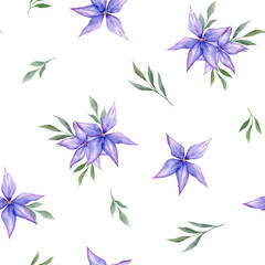 Fototapeta premium Seamless pattern watercolor purple flowers and green leaves. Illustration on white background. Hand painted floral summer print. For fabric, wrapping, cards, design, poster, gift decor.