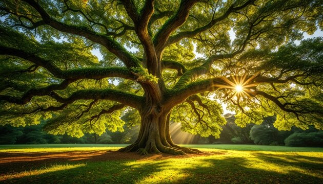 Majestic oak tree bathed in sunlight, green leaves. Forest background - Powered by Adobe