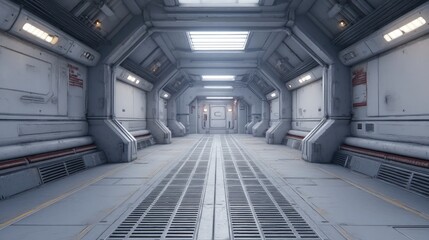 Futuristic Sci-Fi Corridor Interior Design with Industrial Elements, High-Tech Walls, and Dim Lighting for Space Exploration Themes