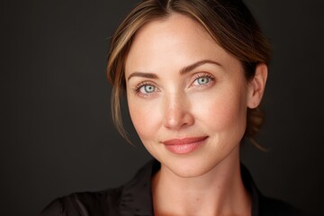 Woman with light eyes and fair skin smiling gently, wearing a dark top, with hair tied back. The neutral background emphasizes her natural beauty and serene expression