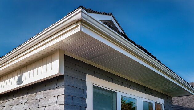 white soffit ensuring excellent airflow for roof eaves crown molding detail above window white trimboard natural wood effect vinyl gray shingle siding on a newly built house
