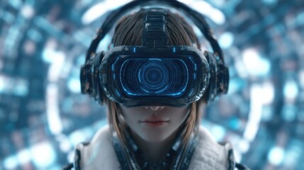 Futuristic woman wearing virtual reality headset in a digital environment with glowing blue patterns, exploring technology and digital interaction concepts