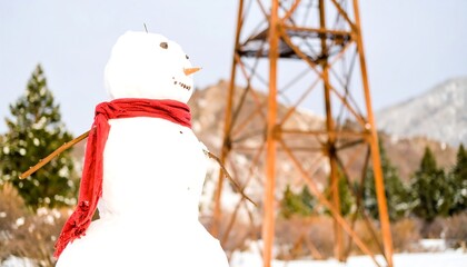 Snowman in winter with red scarf next to old rusty tower
