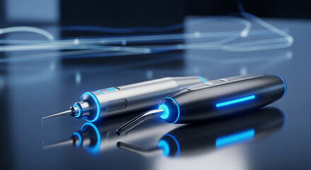Two futuristic dental instruments with glowing blue led lights rest on sleek, reflective dark surface, symbolizing advanced dental technology