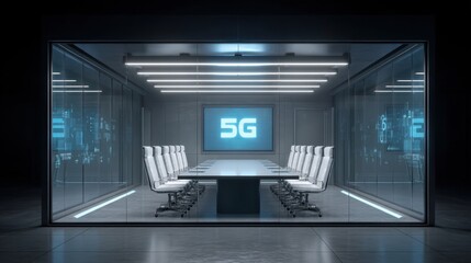 Modern conference room showcasing advanced 5G technology with sleek furniture, glass walls, and high-tech digital display suitable for corporate meetings