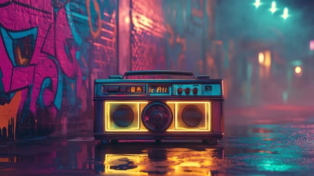 Illuminated retro boombox cassette player glowing in neon alley graffiti audio design entertainment, urban music culture, lifestyle, advertising branding party night, dance and creative street concept