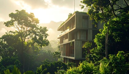 Modern architectural building nestled in the lush green rainforest