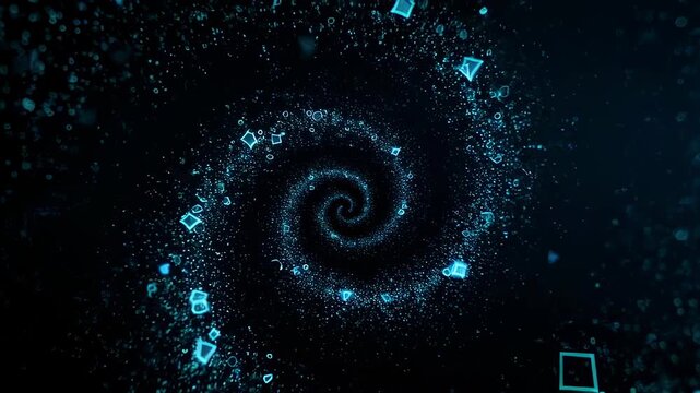 An abstract visual of a dark vortex comprised of cyan particles spiraling into a central point