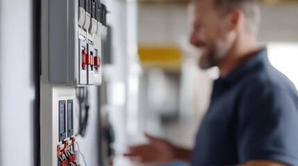 An electrician near the electrical box, inspecting electrical components on a wall. The electrical box is equipped with switches, wiring and meters.
