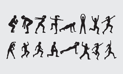 silhouettes of people exercise pose bundle full vector on isolated white background