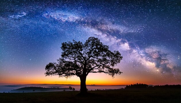 silhouetted tree beneath a starry milky way during sunrise