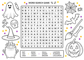 Halloween word search puzzle game with line drawings worksheet. Fun activity for learning English vocabulary. Educational game for children and adults. Halloween line art drawing elements, doodles