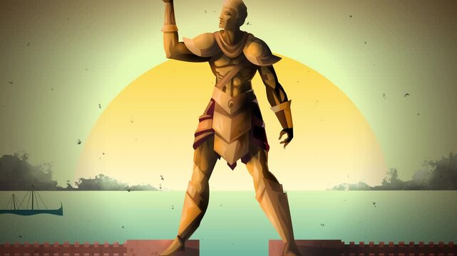 triremes sailing beside the colossus of rhodes