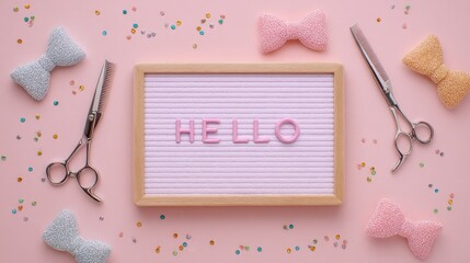 Hello message on pink board with hair combs and bow ties for salon decor or greeting card design