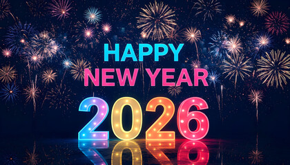 2026 New Year Celebration Banner, Sparkling Fireworks and Night Party Atmosphere on a Dark Blue Background. Festive Design Featuring Joyful Energy, Sparklers and Vibrant Colors to Welcome the New Year