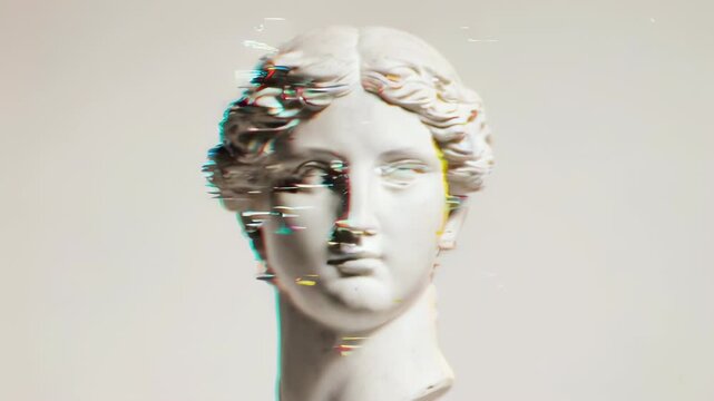 A digitally altered bust of a classical figure, with glitch effects and chromatic aberration