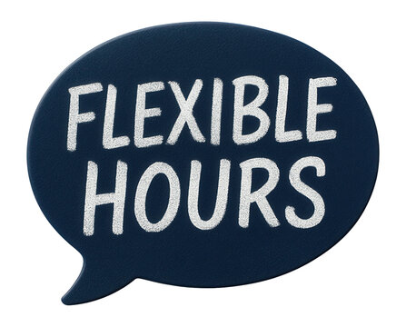 Dark blue speech bubble sticker with FLEXIBLE HOURS offer in textured style, engaging retail promo sticker on transparent background.