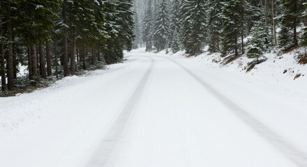 Snowy forest road with tire tracks snaking through a winter landscape. Nature travel and outdoor adventure concept. Background for season.