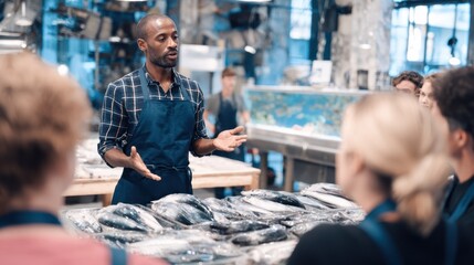 Medium shot of a trainer demonstrating proper fish handling techniques to attentive staff in a bright modern workshop with blurred background elements.