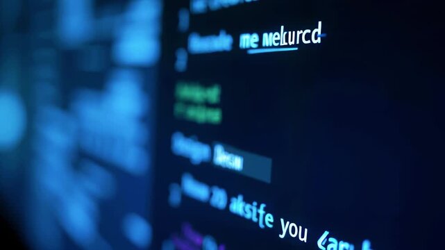 Close-up of a screen displaying code, blurred for abstraction, with blue and green text