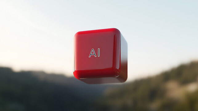 Abstract AI Concept: Red cube with "AI" inscription hovers against a soft landscape background. Technology meets nature in this visual metaphor.