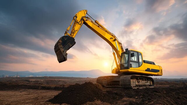 Excavator digs earth at construction site during sunset. Heavy machinery operates efficiently on worksite, showcasing power and precision in action. Sunset sky adds dramatic touch to scene.