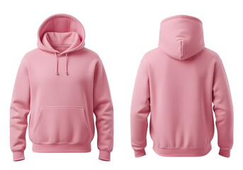A pink hoodie displayed from the front and back showing the hood and pocket on a black background,Front and back view of a light pink hooded sweatshirt with drawstrings and a kangaroo pocket