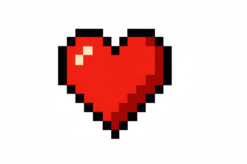 Red pixel art heart icon symbolizing love, health, and classic video game life points, transparent background