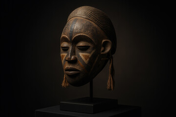 Ancient Wooden African Mask on Display Stand