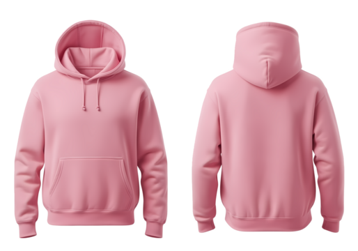 A pink hoodie displayed from the front and back showing the hood and pocket on a black background,Front and back view of a light pink hooded sweatshirt with drawstrings and a kangaroo pocket