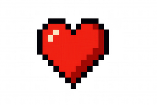 Red pixel art heart icon symbolizing love, health, and classic video game life points, transparent background
