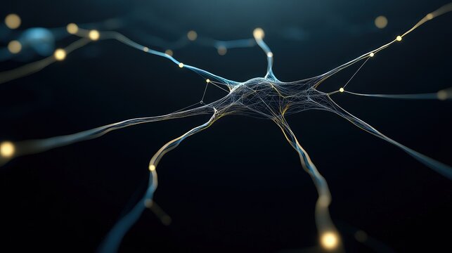 Intricate neural network plexus, glowing with soft blue and gold light, nodes pulsing with data, suspended in a dark, clean void, hyper-detailed, cinematic lighting, render.