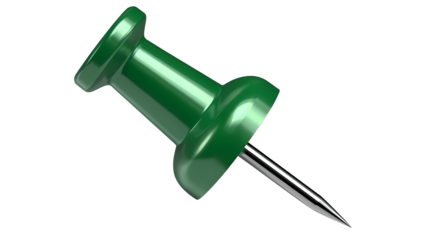A close up shot of a green push pin with a silver needle on a black isolated background view from the side